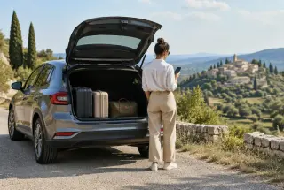 Voiture de location compacte garée sur une route panoramique en Provence, coffre ouvert avec des bagages et voyageur vérifiant son état.