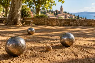 Shiny pétanque balls on a shaded, earthy terrain with warm Provençal sunlight and plane tree shadows in late afternoon.