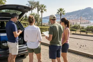 Quatre joueurs de pétanque préparent leur itinéraire près d’une voiture, à côté d’un boulodrome sur la Côte d’Azur.